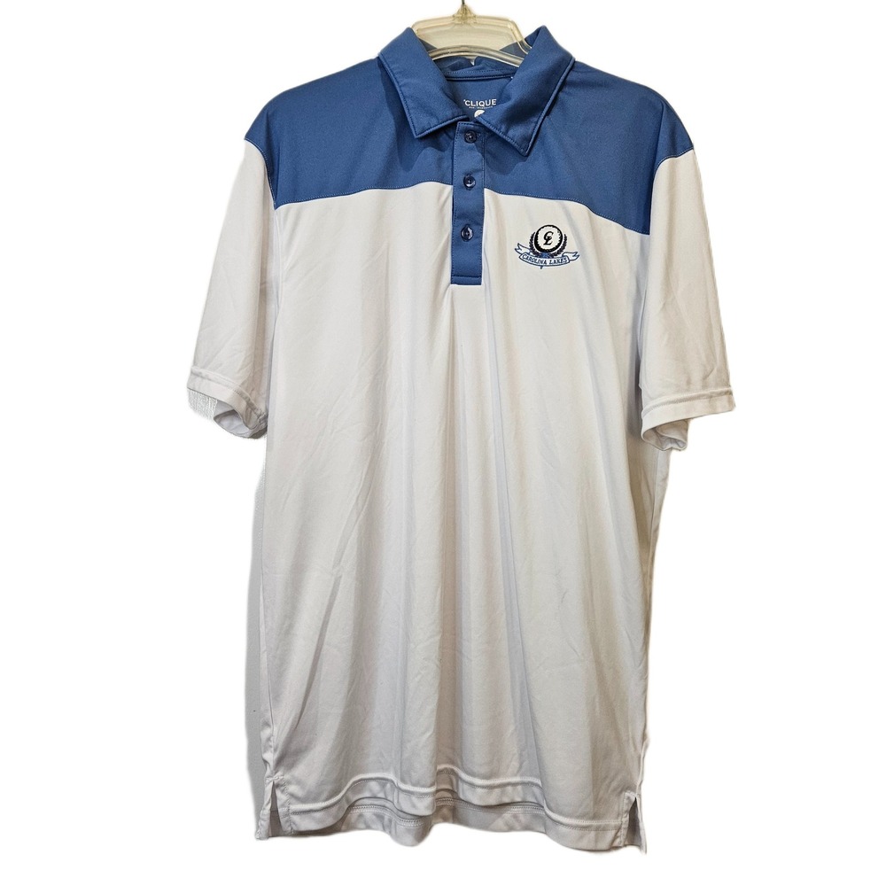 Clique Men's Large Carolina Lakes Golf Club Logo Blue and White Performance Polo